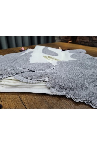 26 Parça Keten Zambak Masa Örtüsü Takımı Krem Gri Krem - Gri