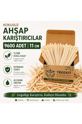 Treekit Ahşap Tahta Çay Kahve Karıştırıcı 11 Cm 9600 Adet %100 Doğal Açık Ahşap