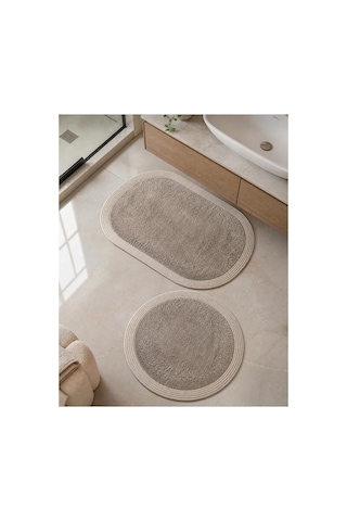 Nesrin Kaymaz Taban Peluş Banyo Paspası Seti Jüt Kenar Detaylı 2 Li Oval Yuvarlak 100x60 60x60 Kahverengi