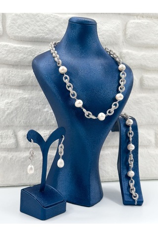 Özel Tasarım İncili 3'lü Kadın Gümüş Set - Kolye Seti Gümüş