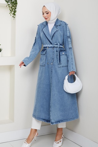 Hb Harma Time Butik Kadın Cepli Kuşaklı Denim Mavi Trençkot