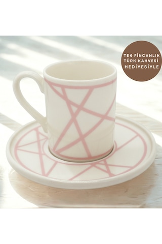 Renkli Geometrik Çizgili 6 Kişilik Porselen Kahve Fincan Takımı Pembe