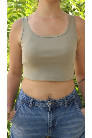 Afri Kadın Yeşil Basic Ribana Atlet Crop Likralı Spor Üst Yeşil