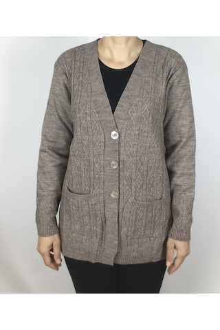 Önü Düğmeli Cepli Yünlü Kısa Anne Hırka Vizon