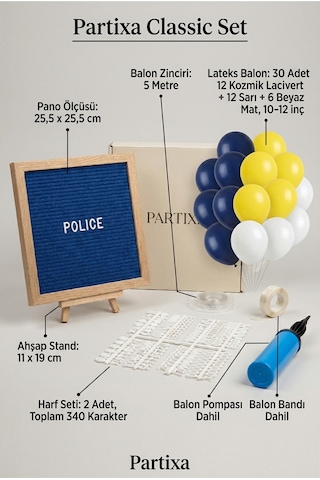Polis Temalı Doğum Günü Süsleme Classic Set Koyu Mavi Keçe Yazı Panosu Standlı Balon Zincirli El Pompası Polis Seti Çocuk