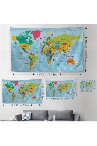 Dünya Haritası Eğitici Ülke Bayraklı Türkçe Harita Çocuk Odası Genç Odası Duvar Örtüsü-halısı 3865