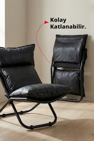 Lumis Garden Prestij Katlanabilir Deri Lounge Koltuğu Çıkarılabilir Kılıf, Modern Metal İskelet Siyah