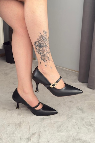 Preshley Kadın Sarah Siyah Cilt 7cm Ince Topuk Önden Tokalı Ayakkabı Stiletto Siyah