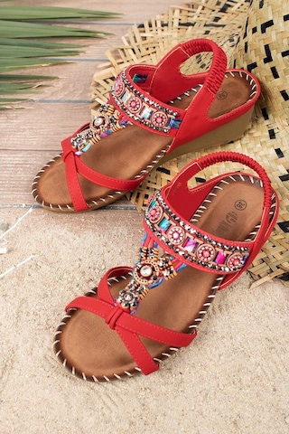 Khayt Anatolia Anatomik Fashion Taşlı Günlük Kadın Sandalet Kırmızı
