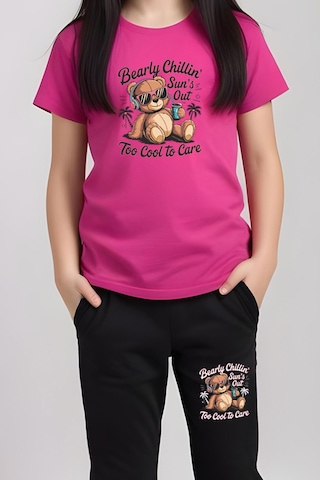 Fyk Kids Kız Çocuk Yuvarlak Yaka Baskılı Bearly Chillin Alt-üst Pijama Takımı Fuşya