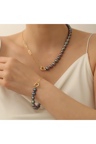 925 Ayar Gümüş Siyah İnci Set-9.00mm