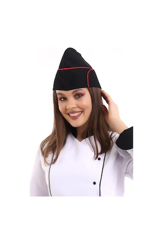 Siyah Üzerine Kırmızı Biye Aşçı Kayık Kep - Unisex-Standart-Tek Parça