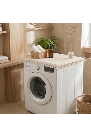 Ham Ponponlu Monica Çamaşır Makinesi Örtüsü - Çeyizlik Dekoratif Banyo Makine Kılıfı Krem