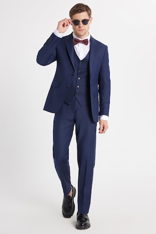 Tudors Erkek Slim Fit Lacivert Esnek Likralı Kumaş Sivri Yaka Yelekli Takım Elbise-33908 Lacivert