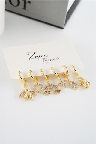 Kadın Vip Seri Zirkon Taşlı Karışık Figürlü 6'lı Küpe Seti Çok Renkli