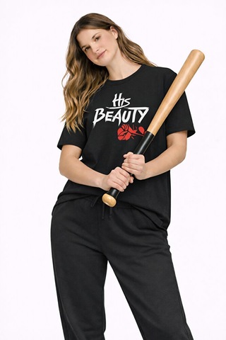 Sevgili Kombini Her Beast His Beauty Oversize Çift Tişört Unisex Siyah