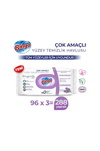 Bingo Pratik Arap Sabunu Katkılı Lavanta Yüzey Temizlik Havlusu 3 x 96'lı