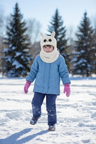 Eleven Markets Kız Çocuk Kulaklı Bere Boyunluk Takım Sevimli Tavşan Desenli Polar Kışlık Şapka & Atkı, 3-9 Yaş Beyaz