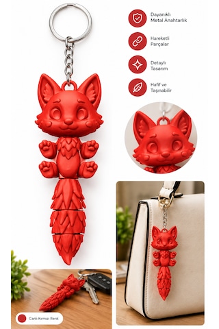 3d Baskı Sevimli Tilki Kedi Figürlü Çanta Aksesuarı Anahtarlık Hareketli Kuyruk Kırmızı