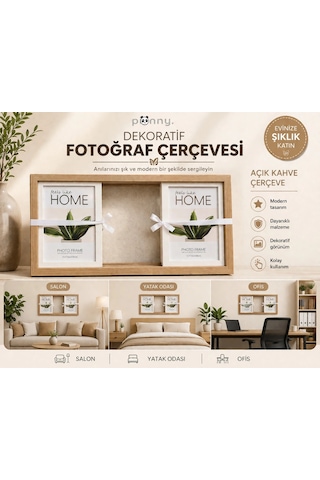 Pionny 3 Fotoğraflı Büyük Boy Sürgülü Dekoratif Ahşap Çerçeve 13x18 Cm Açık Kahve Meşe