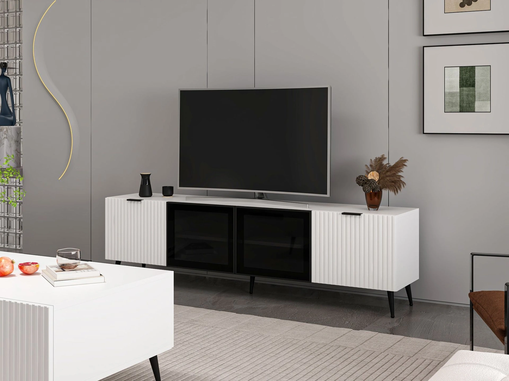 Plus Tv Ünitesi Cam Kapak Beyaz/beyaz Beyaz