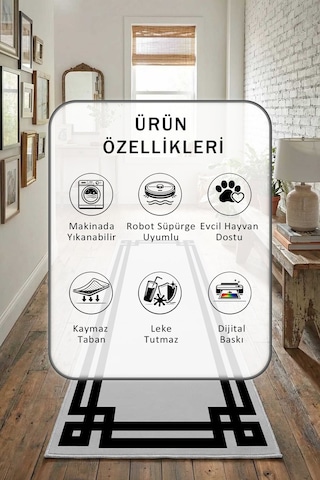 Klasik Açik Gri Siyah Yıkanabilir Yolluk
