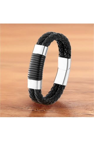 Brezza Lusso Jewelry Çift Örgülü Deri Çelik Erkek Bileklik