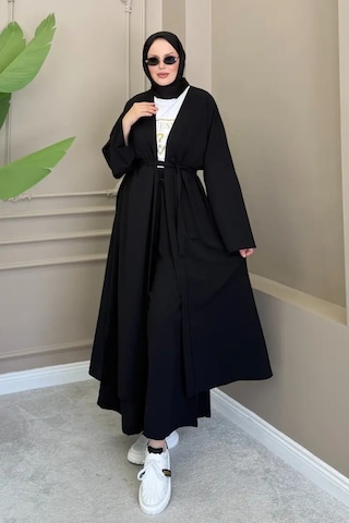 Balenbi Kadın Kuşaklı Kimono Hırka Bol Paça Pantolon Takım Tesettür 2'li Kombin 1230 Siyah