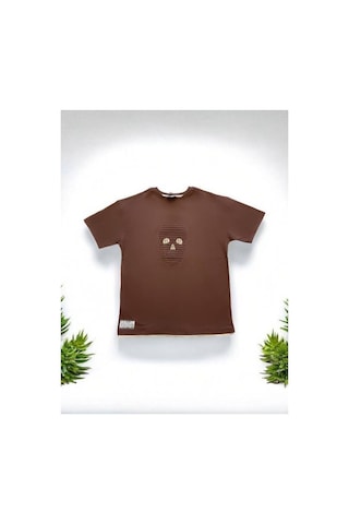 Carinos Çocuk Pamuklu Oversize Kuru Kafa Desenli Tshirt-14618 Kahverengi
