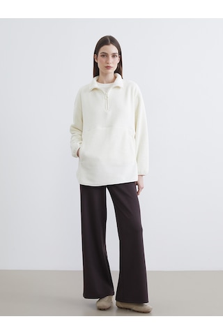 Lcw Modest Beyaz Dik Yaka Oversize Kadın Polar Sweatshirt