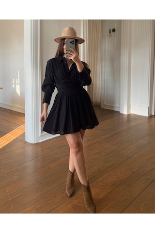 Fashion Cocktail Gömlek Stil Düğmeli Yakalı Belden Oturtmalı Transparan Üst Kloş A Formlu Skater Şifon Gece Elbisesi Siyah