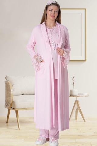 Mecit Pijama Mecit 5416 Pembe Uzun Sabahlıklı Lohusa Pjama Takımı