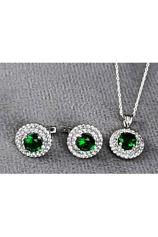 Lilahgümüştr Gümüş Yeşil Taşlı Yuvarlak Kadın Kolye Küpe