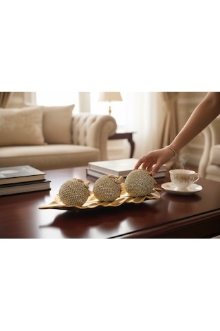 Frefly Store 3'lü Altın Taşlı Elma Dekor Seti Altın Yaprak Tabanlı