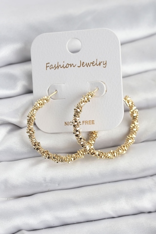 Pirinç Gold Renk Tırtıklı Halka Model Kadın Küpe Açık Gold