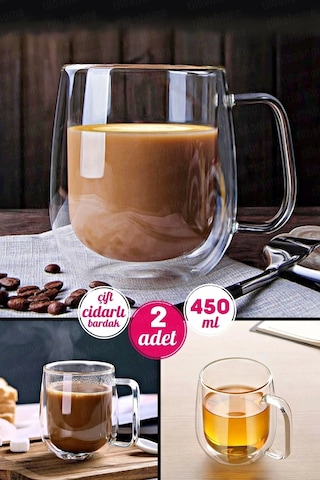 2'li Çift Cidarlı Cam Kupa Bardak 450 Ml Ev Ofis Fincanı Çift Katlı Isı Yalıtımlı Kulplu Cam Bardak