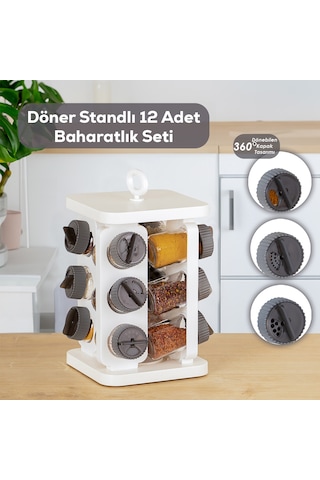 Porsima 1081 Kare Döner Standlı Döner Kapaklı Cam Baharatlık Antrasit - Beyaz