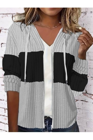 Kadın Uzun Kollu Kapşonlu Önden Fermuarlı Blok Desenli Şardonlu Kaşkorse Ceket Gri