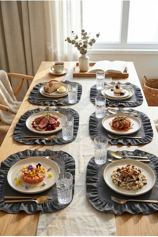 Pamuklu Fırfırlı Kare Supla 6'lı Set Amerikan Servis 33 Cm Supla Gri