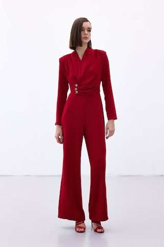 Sateen Fiyonk Aksesuarlı Krep Tulum - Kırmızı-136702 Kırmızı