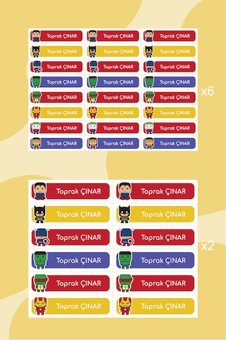 Süper Kahramanlı Isimli Okul Etiketi Defter Kalem Sticker Seti