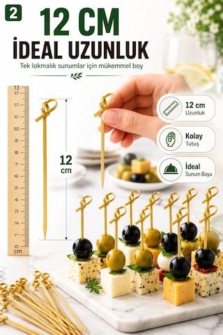 50 Adet Düğümlü Bambu Kürdan 12 Cm Kokteyl Parti Davet Aperatif Sunum Kürdanı 50'li Set Paket