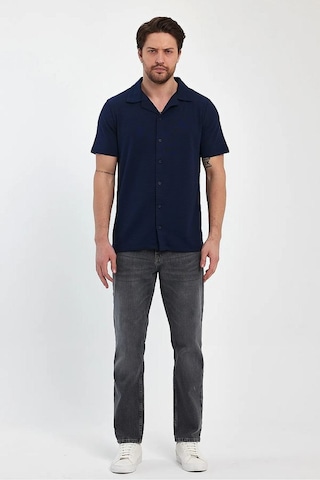 Erkek Rahat Kalıp Ottoman Kumaş Nefes Alabilen Pamuklu Apaş Yaka Gömlek Lacivert