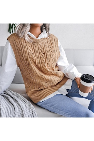 Kadın Sonbahar Kış Bisiklet Yaka Kesim Düz Renk Kolsuz Yaprak Örgü Tank Kazak Sl Haki