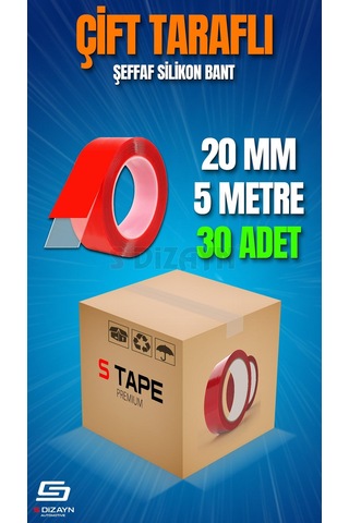 S-dizayn Çift Taraflı Bant 20mm X 5 Metre Şeffaf Silikon Vhb Bant 30'lu Koli A+kalite 20 MM x 5 M