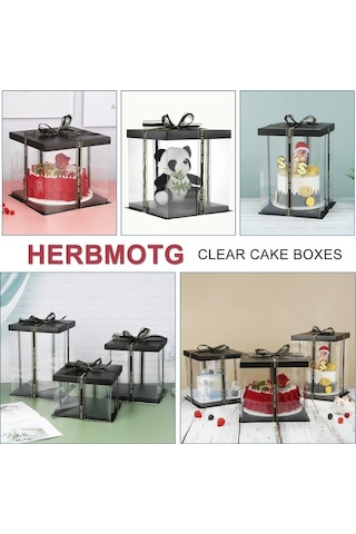 Bloomnest 5 Parça 8-9 İnç Kurdeleli Şeffaf Pasta Kutusu, 6-7 İnç Pasta Ambalajı, Nakliye İçin Siyah