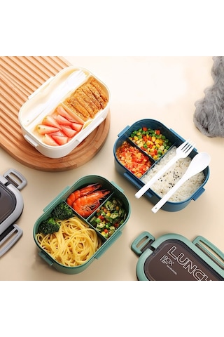 Taşınabilir Bölmeli Çift Katmanlı Öğle Yemeği Kutusu - Mavi