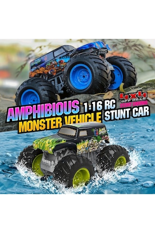 Suda Karada Gidebilen Takla Atan Kumandalı Sarjlı Işıklı Monster Trucks 4x4 25 Cm 8 Km Hız Yeşil