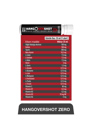 Hangovershot Zero Kafein, Taurin, Vitamin Ve Aminoasitler İçeren Gıda Takviyesi Şekersiz 2x4 Shot