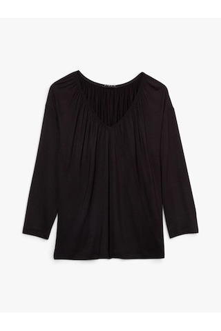 Sisley Viskoz Karışımlı Büzgülü V Yaka Boxy Fit Uzun Kollu T-shirt Kadın Siyah T-shirt - 325a3z12l4014